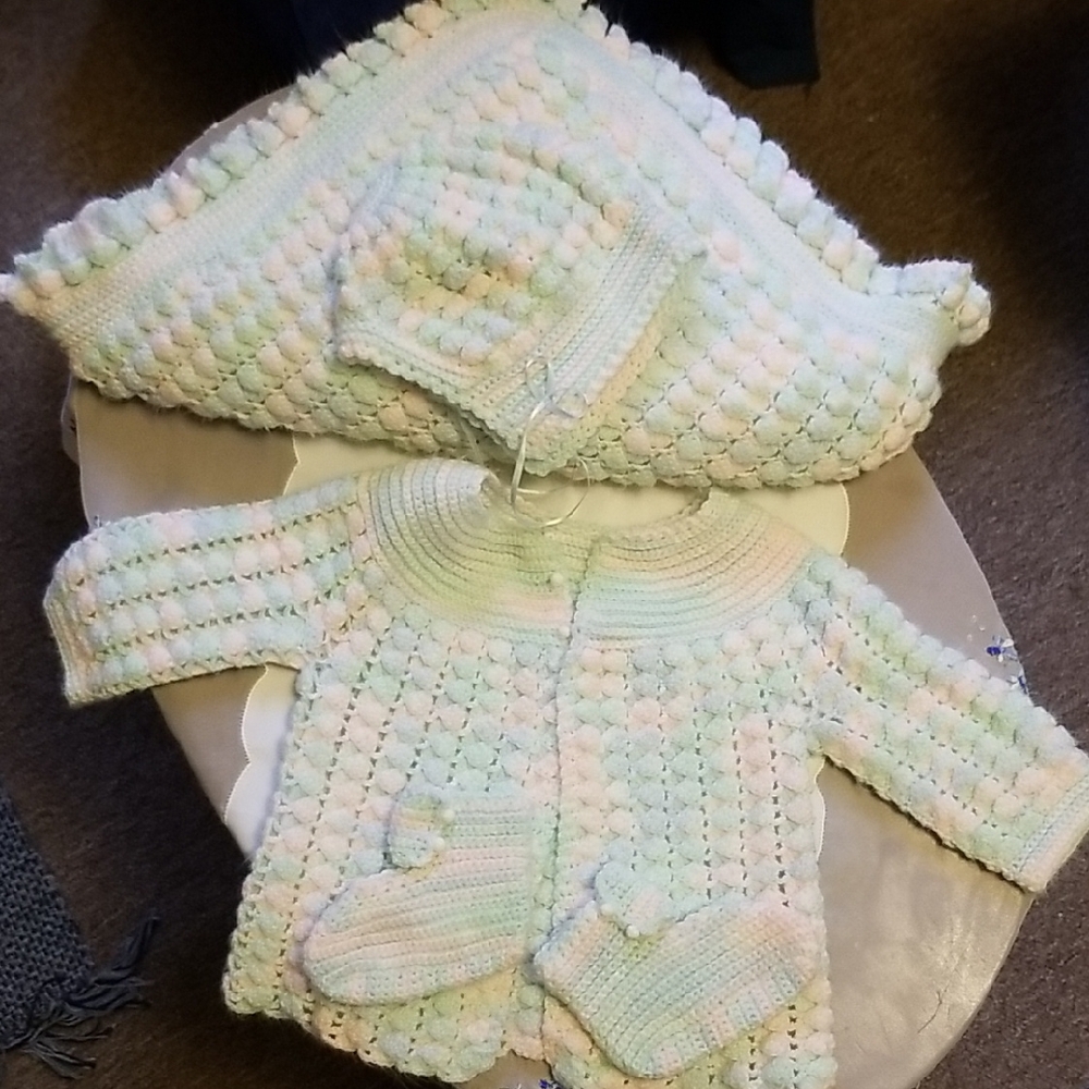 Vintage Pastel Knit Baby Sweater and Blanket Set